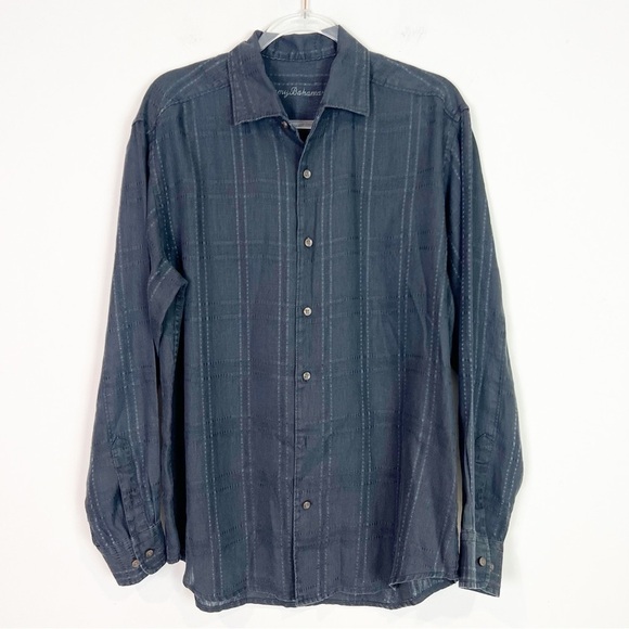 TOMMY BAHAMA BLACK TONAL BOX STRIPE LONG SLEEVE LINEN SHIRT MENS SZ MEDIUM - Picture 1 of 7